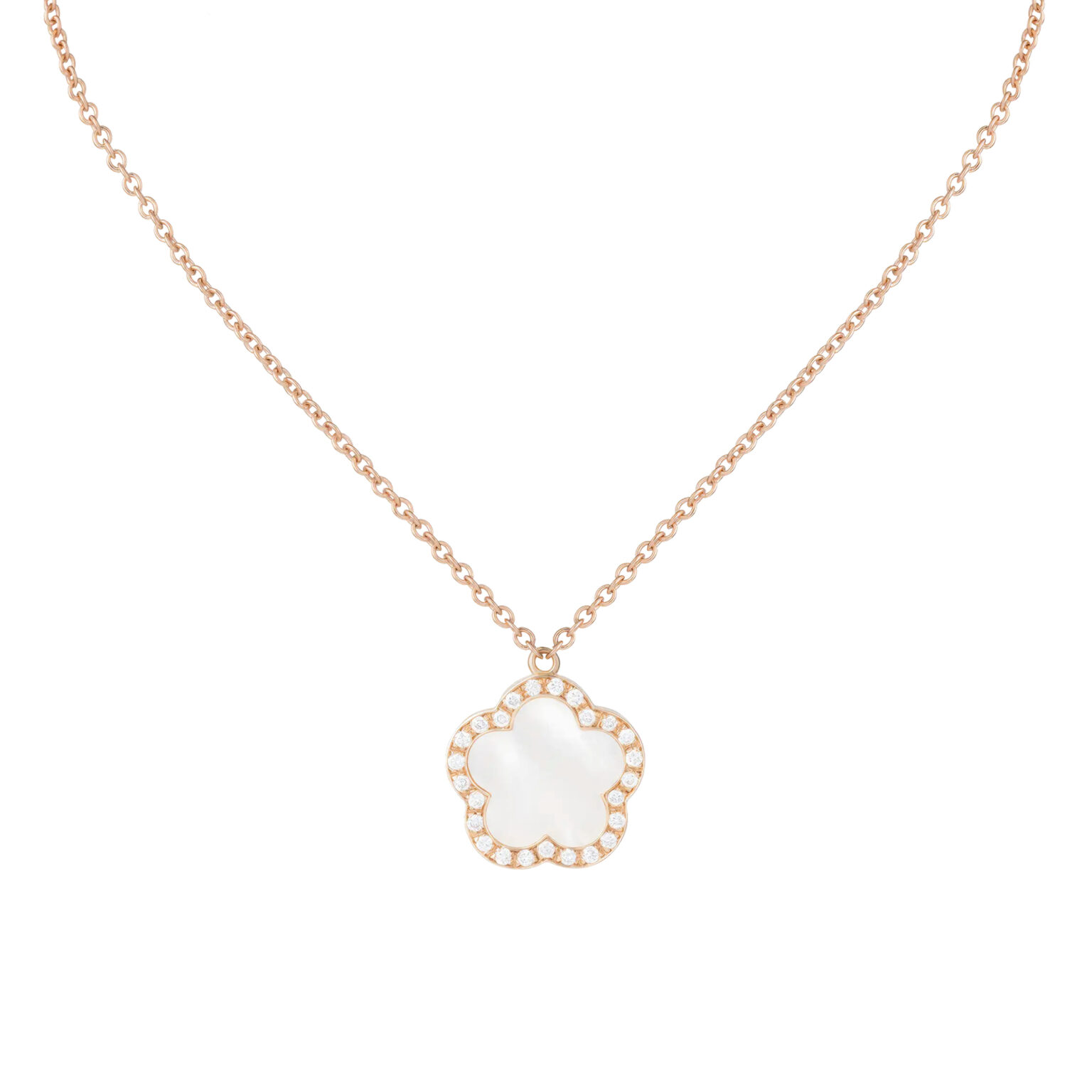 Pendentif fleur en or rose 18 K orné d’une nacre blanche et d’un entourage de diamants