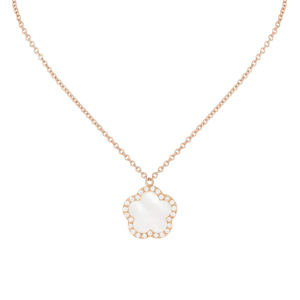 Pendentif fleur en or rose 18 K orné d’une nacre blanche et d’un entourage de diamants