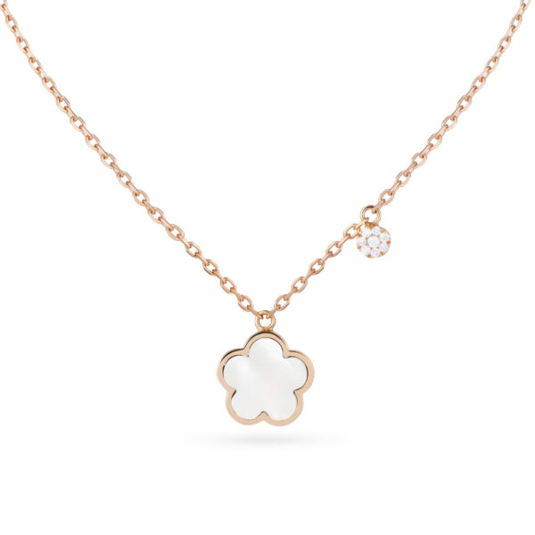 Pendentif fleur en nacre blanche sur or rose 18 K avec pastille pavée de diamants