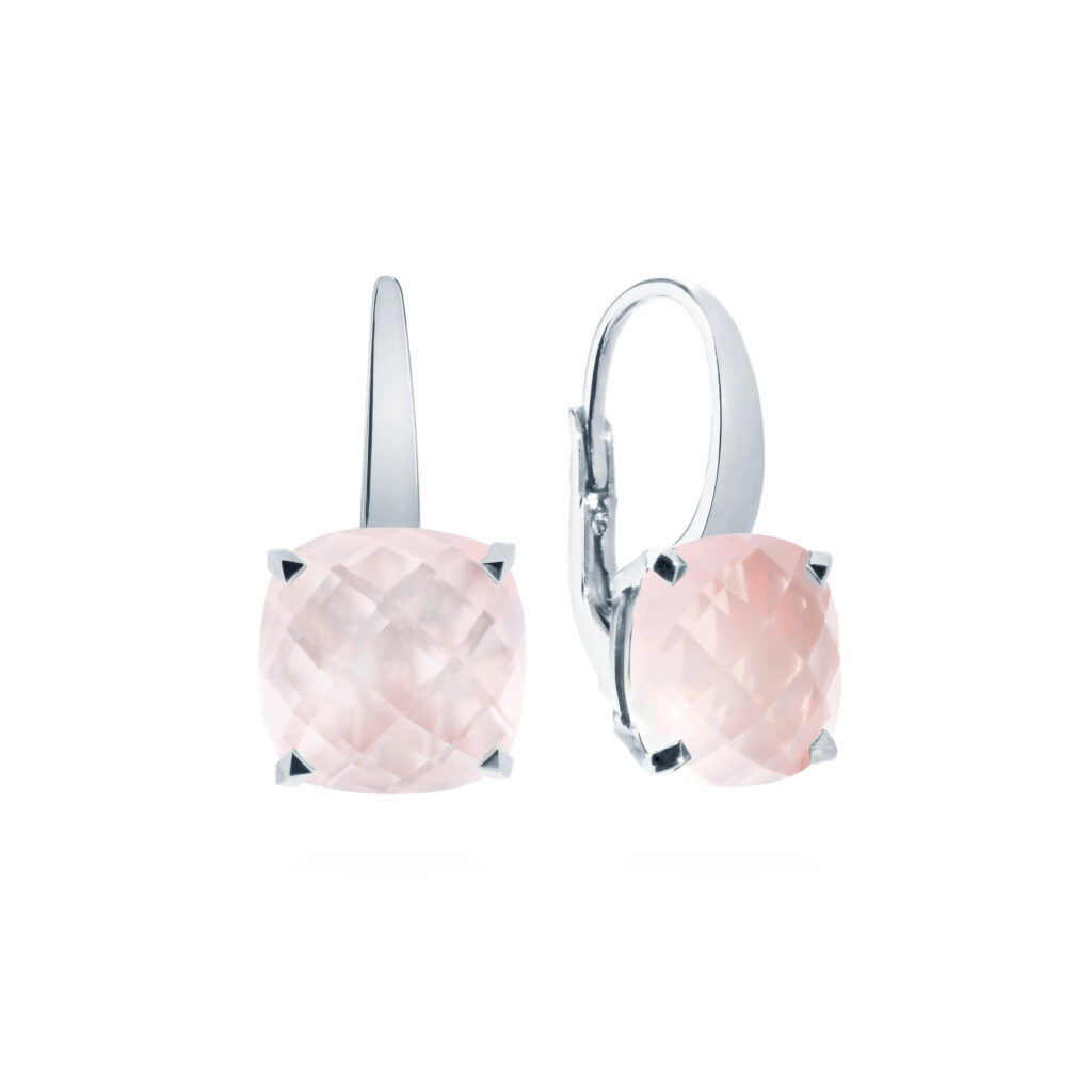 Boucles d’oreilles dormeuses Poppy serties de quartz rose taille coussin sur or blanc