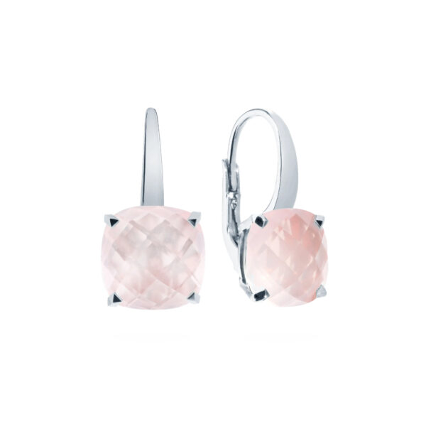 Boucles d’oreilles dormeuses Poppy serties de quartz rose taille coussin sur or blanc