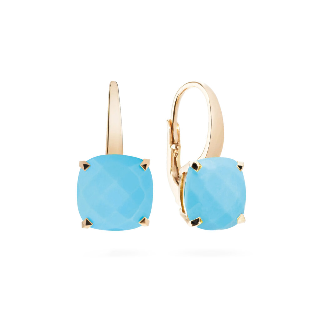Boucles d’oreilles dormeuses Poppy serties de turquoises taille coussin sur or