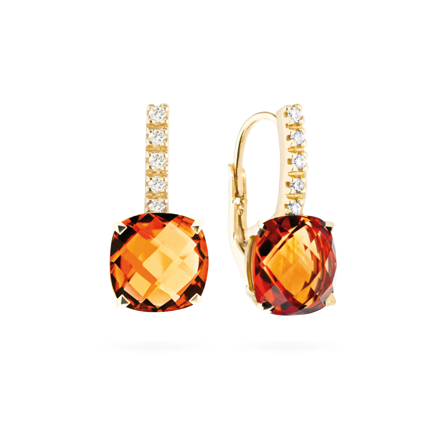 Boucles d’oreilles dormeuses Poppy serties de citrines madère taille coussin et d'un pavage diamants sur or jaune
