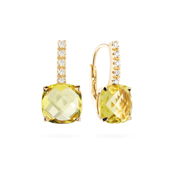 Boucles d’oreilles dormeuses Poppy serties de quartz lemon taille coussin et d'un pavage diamants sur or jaune
