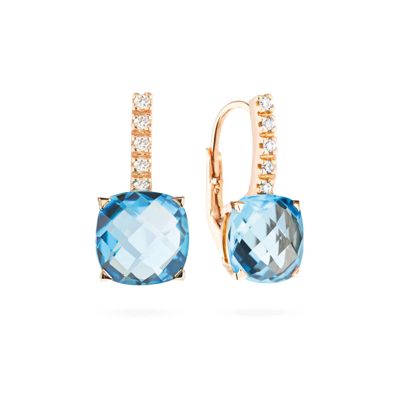 Boucles d’oreilles dormeuses Poppy serties de topazes Swiss blue taille coussin et d'un pavage diamants sur or rose