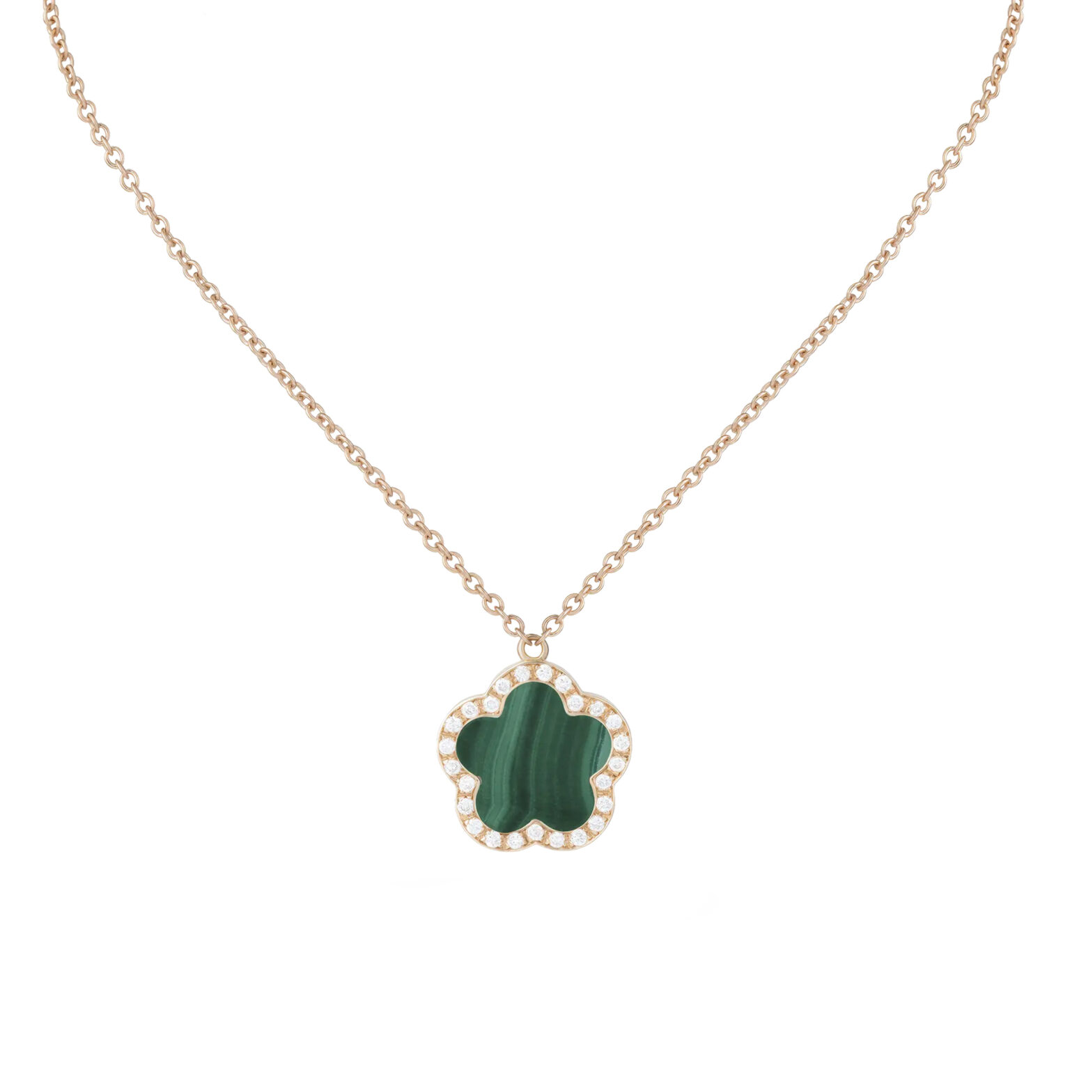 Pendentif Fiore di Mamma S en or rose 18 K forme fleur orné d’une malachite et d’un entourage de diamants