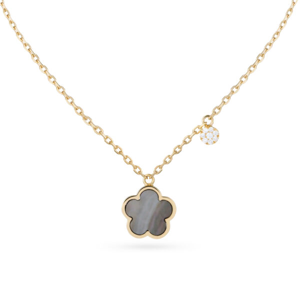Pendentif fleur en nacre grise sur or jaune 18 K avec pastille pavée de diamants