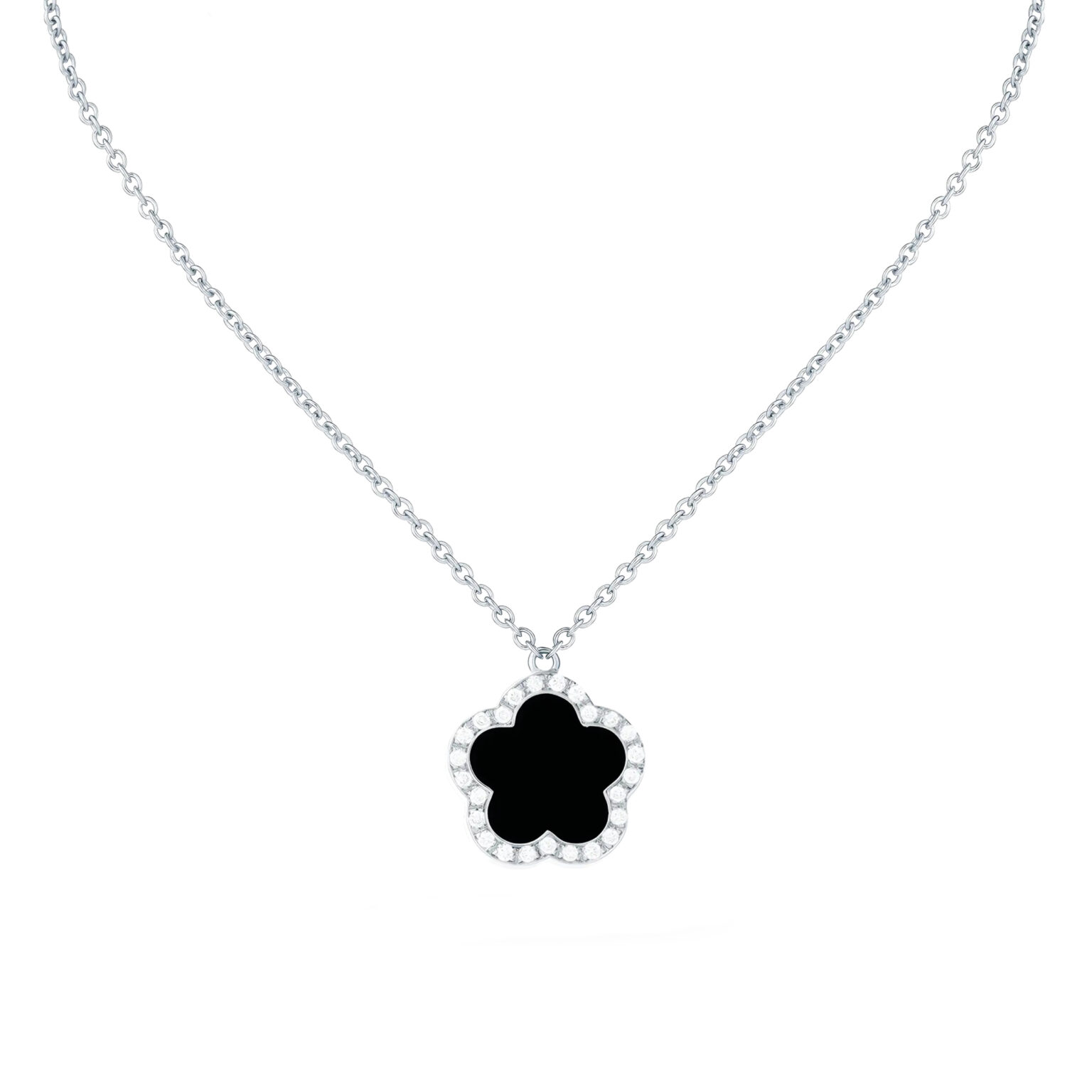 Pendentif Fiore di Mamma S en or blanc 18 K forme fleur orné d’une onyx et d’un entourage de diamants