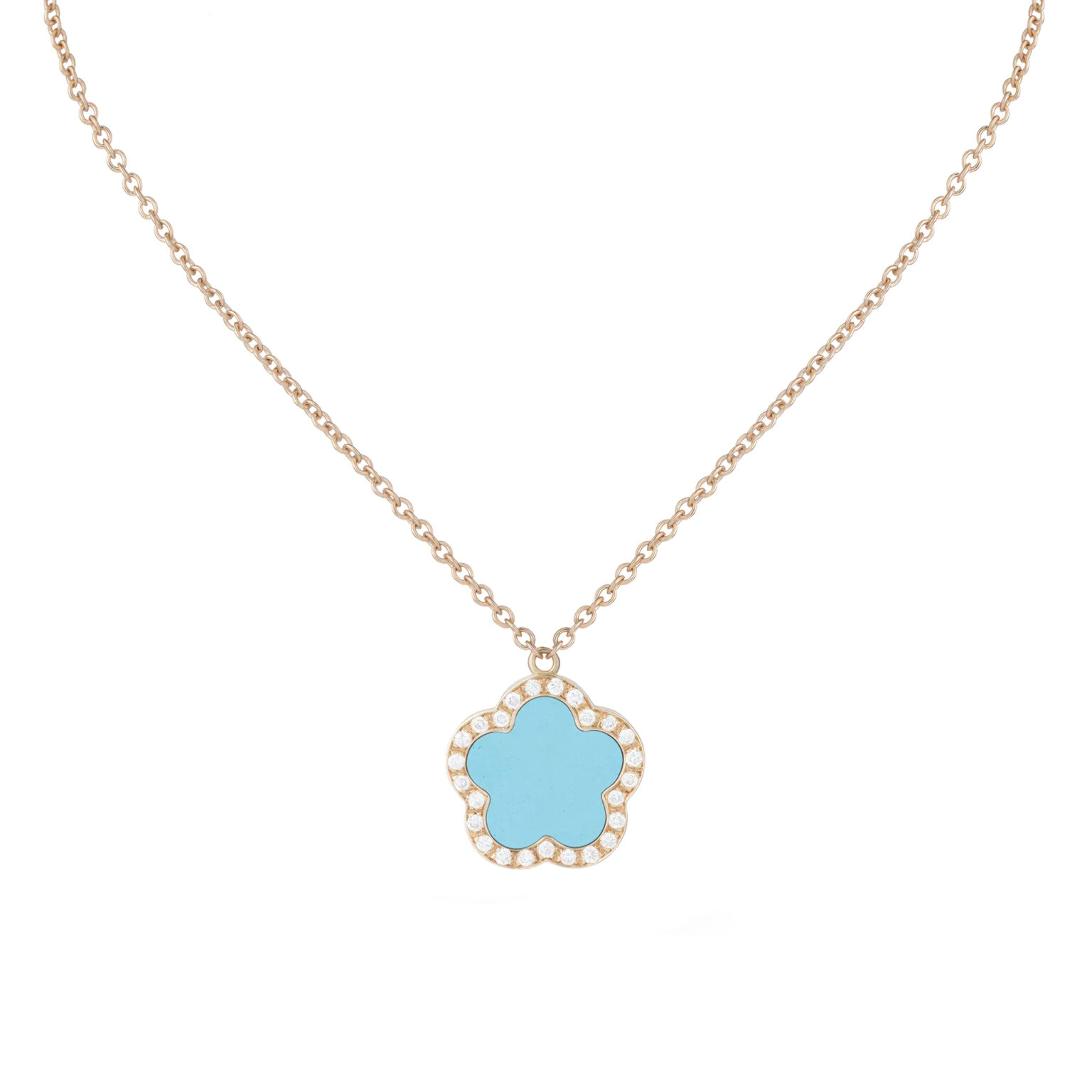 Pendentif Fiore di Mamma S en or rose 18 K forme fleur orné d’une turquoise et d’un entourage de diamants