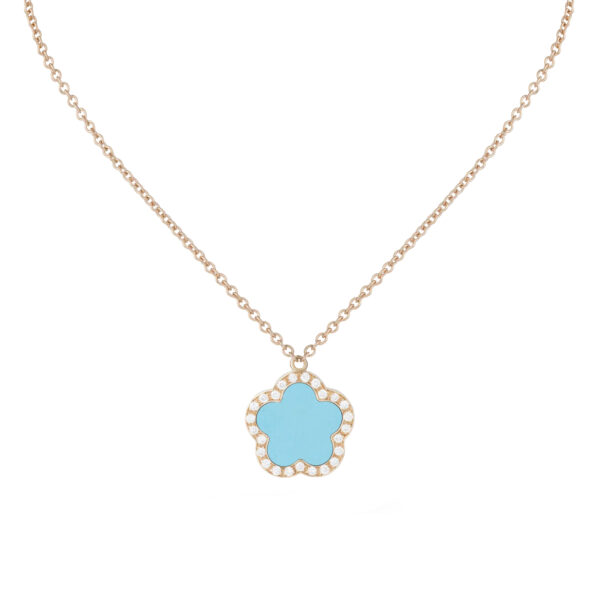 Pendentif Fiore di Mamma S en or rose 18 K forme fleur orné d’une turquoise et d’un entourage de diamants