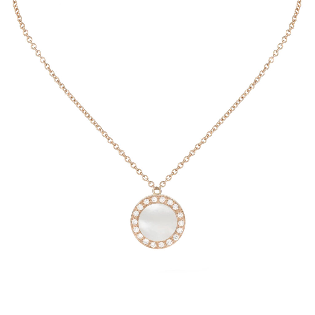 Pendentif Buona Fortuna nacre blanche et diamants – or rose 18 K