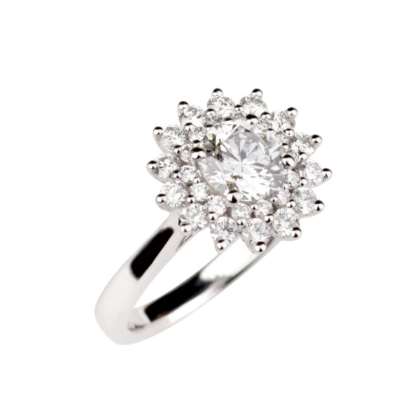 Solitaire Aster, bague diamant entourage en or blanc 18 carats