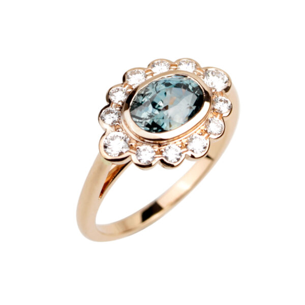 bague saphir vert ovale diamants entourage or rose 18K